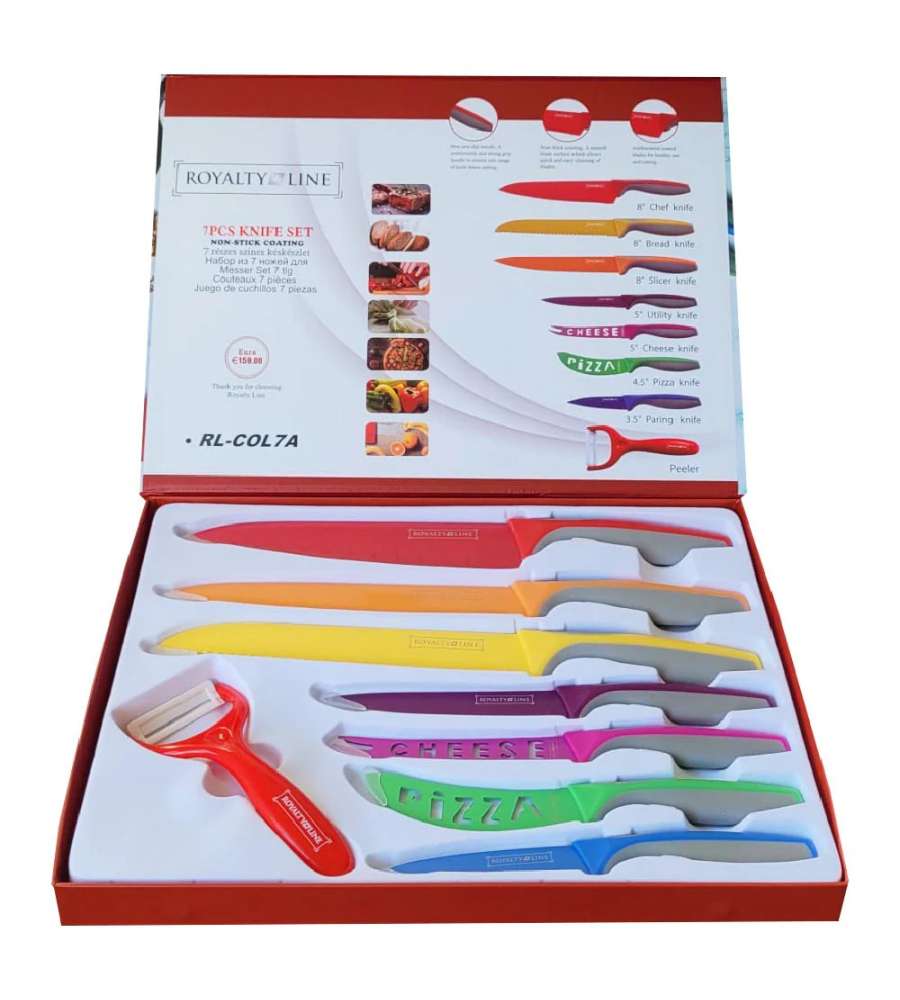 Set 7 Coltelli Colorati da Cucina Multiuso Royalty Line con Pelapatate