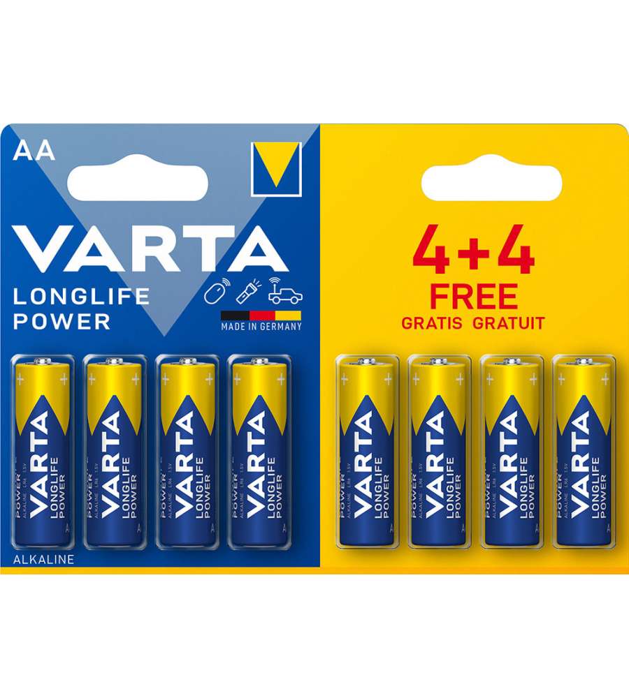 Varta Batterie Alcaline AAA 1,5V Longlife Power Pack 8 - Lunga Durata