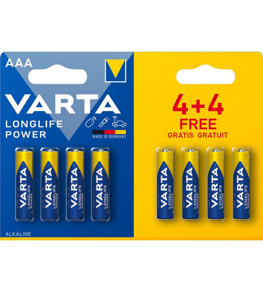 Varta Batterie Alcaline AAA 1,5V Longlife Power Pack 8 - Lunga Durata