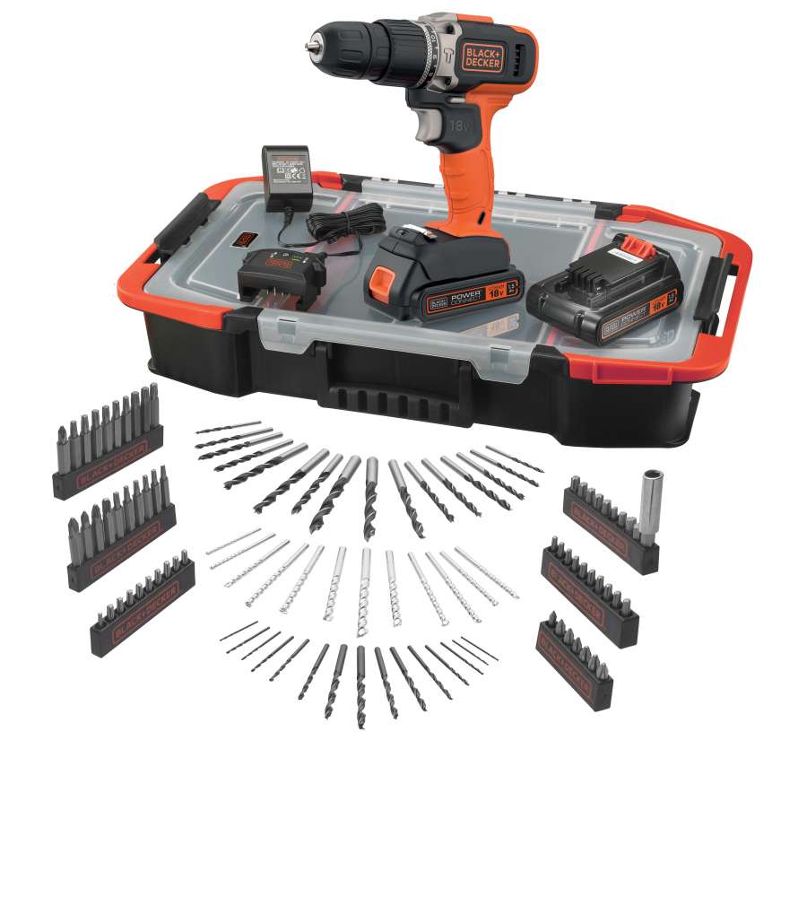 Black+Decker Trapano Avvitatore Percussione 18V con 100 Accessori e Valigetta