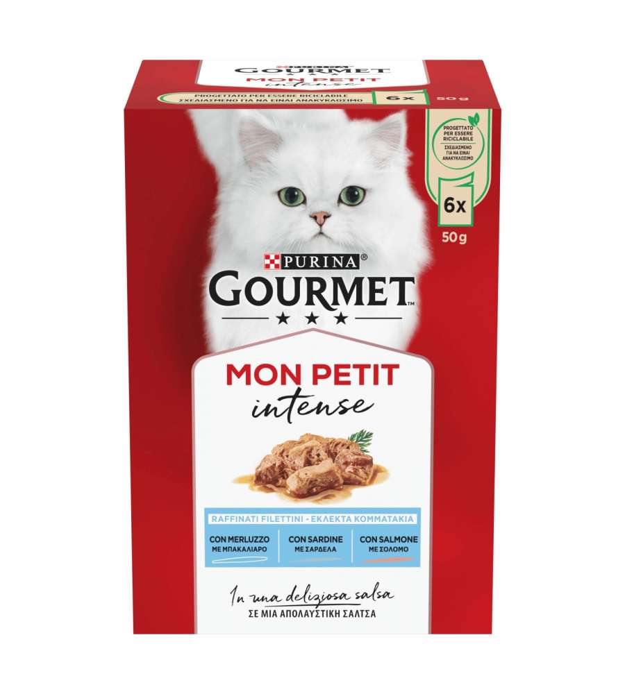 Gourmet Cibo Umido per Gatti Mon Petit 6x50g Merluzzo Sardina Salmone
