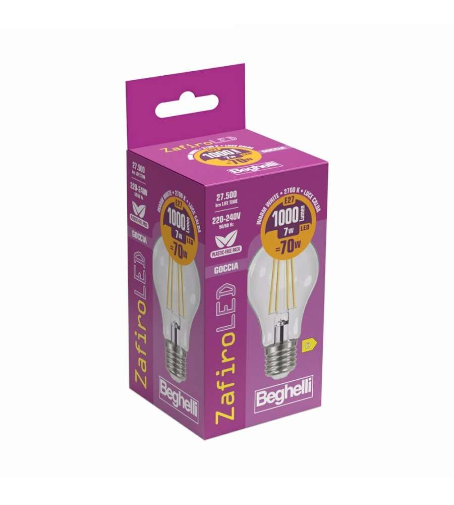 Beghelli Lampadina Led Zafiro Goccia E27 - 7W 1000lm 2700K
