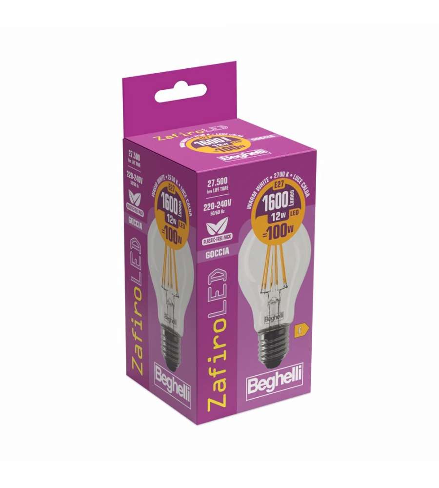 Beghelli Lampadina Led Zafiro Goccia E27 - 12W 1600lm 2700K