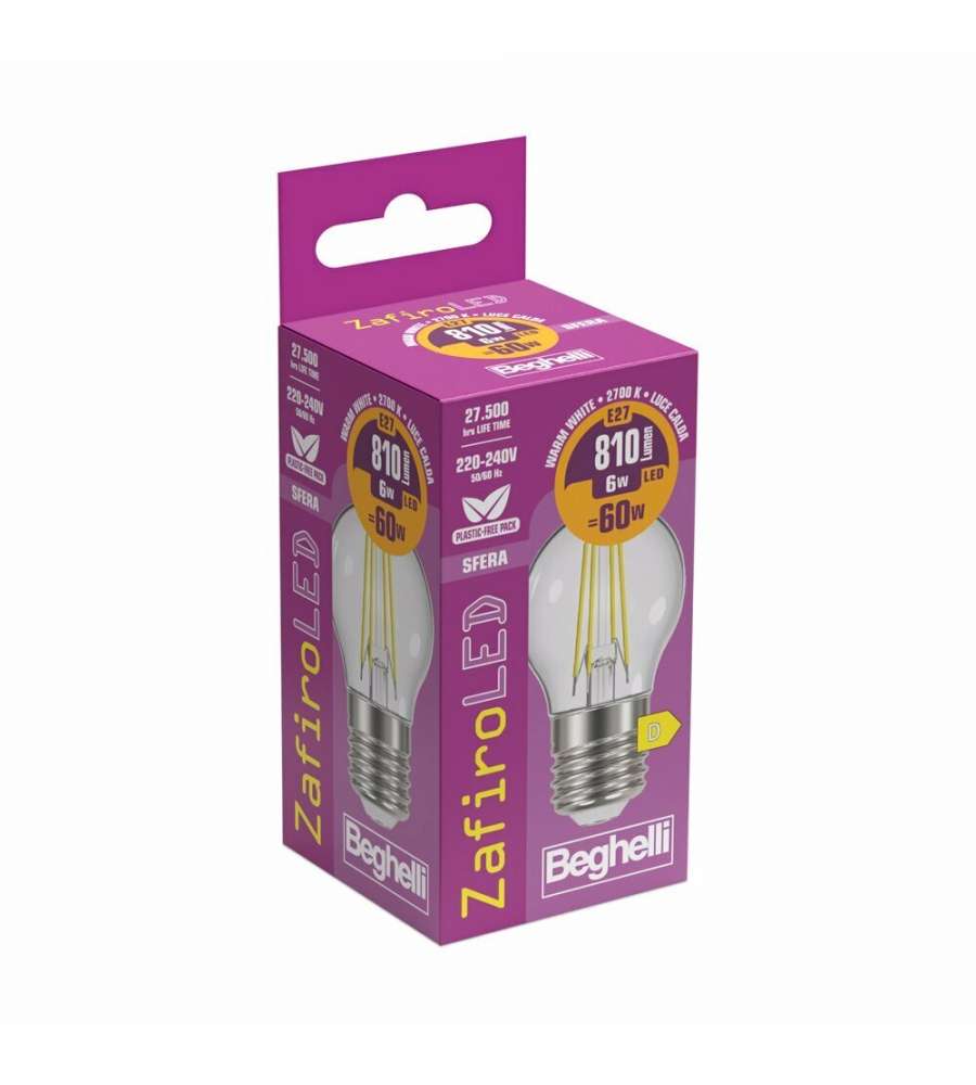 Beghelli Lampadina Led Zafiro Sfera E27 - 6W 800lm 2700K