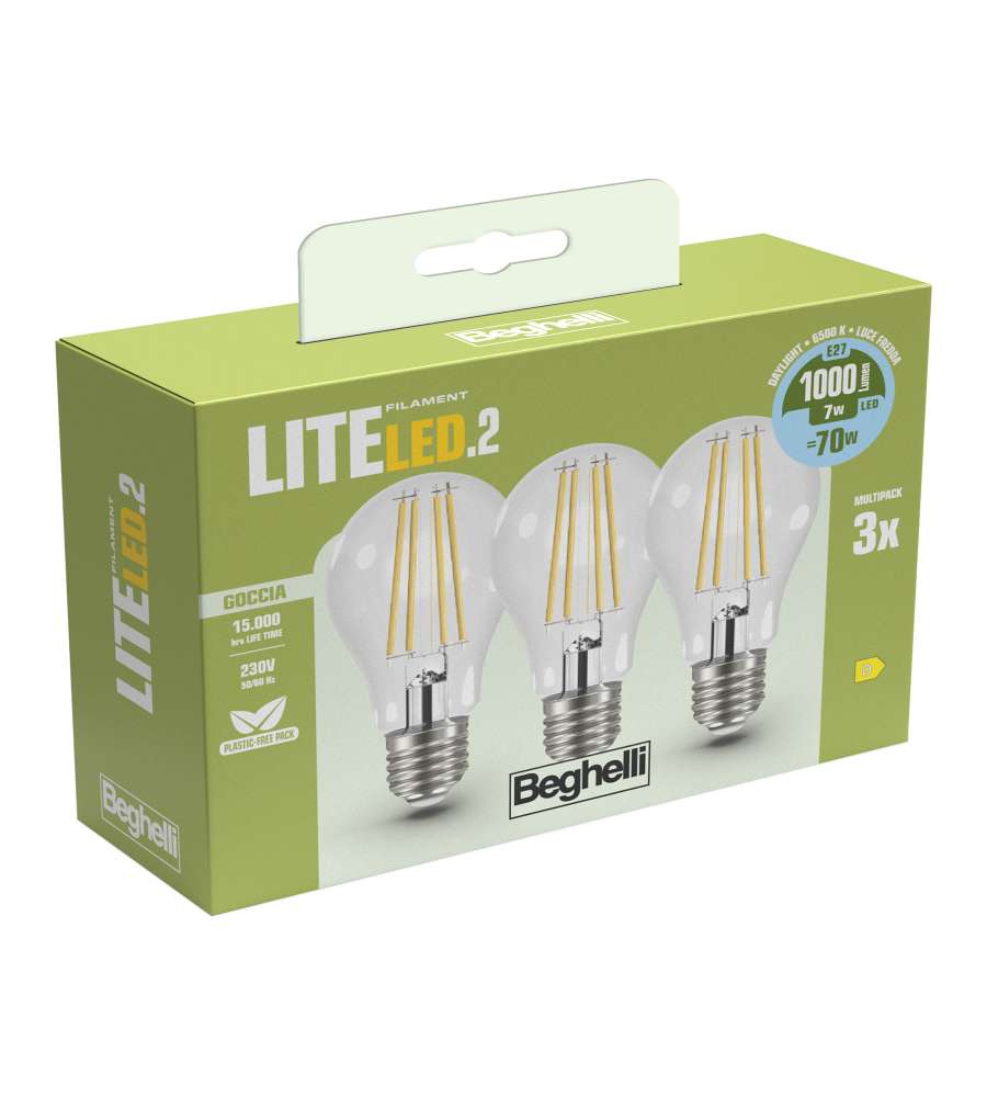 Beghelli 3 Lampadine Lite Led Goccia E27 - 7W 1000lm 6500K