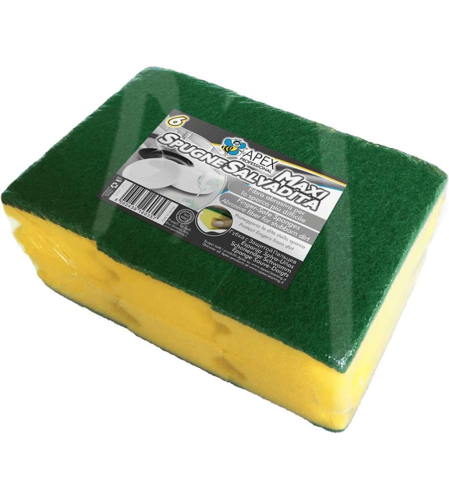 Apex Spugne Sagomate 6 Maxi Giallo Verde Super Assorbenti Fibra Abrasiva