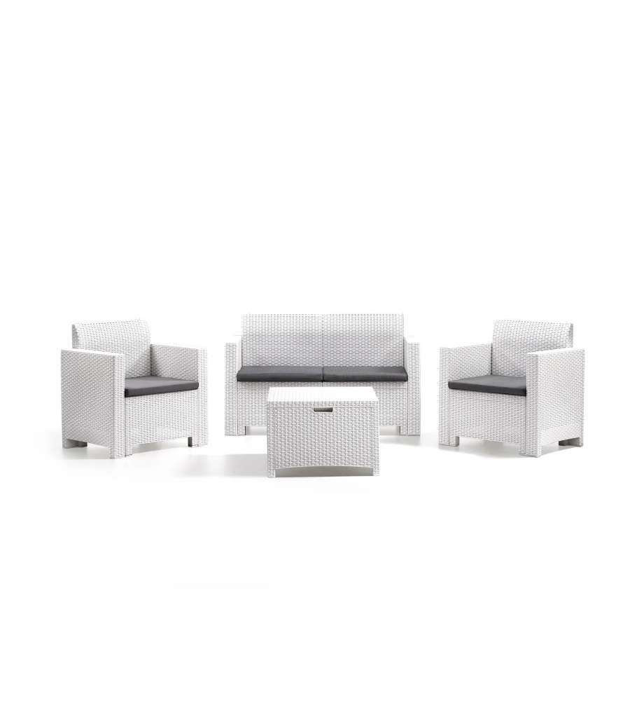 Set Salotto da Giardino Rattan Bianco Divanetto 2 Poltrone e Tavolino Contenitore - Nebraska Bica