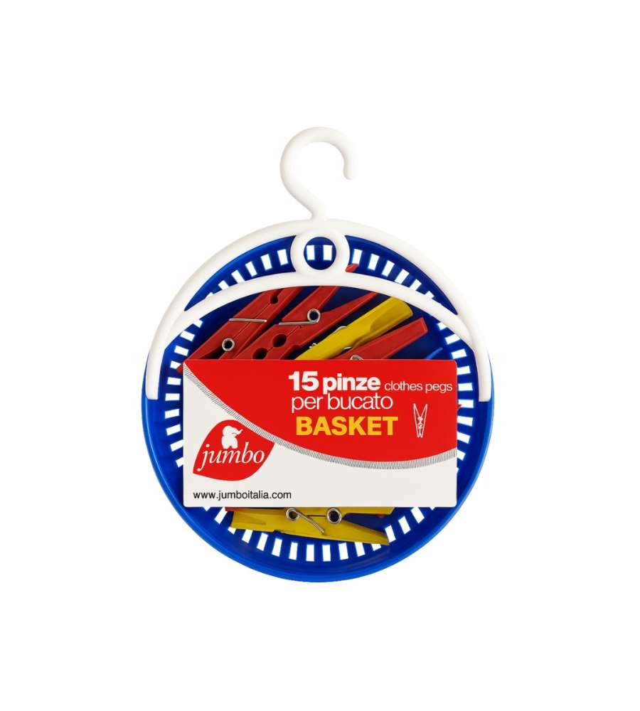 Jumbo 15 Mollette e Cestino Resistente in Plastica per Bucato