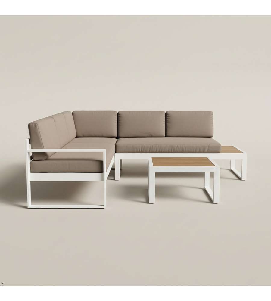 Salotto angolare da giardino alluminio bianco effetto rovere con cuscini - divano e tavolino Silvia Domo Mea