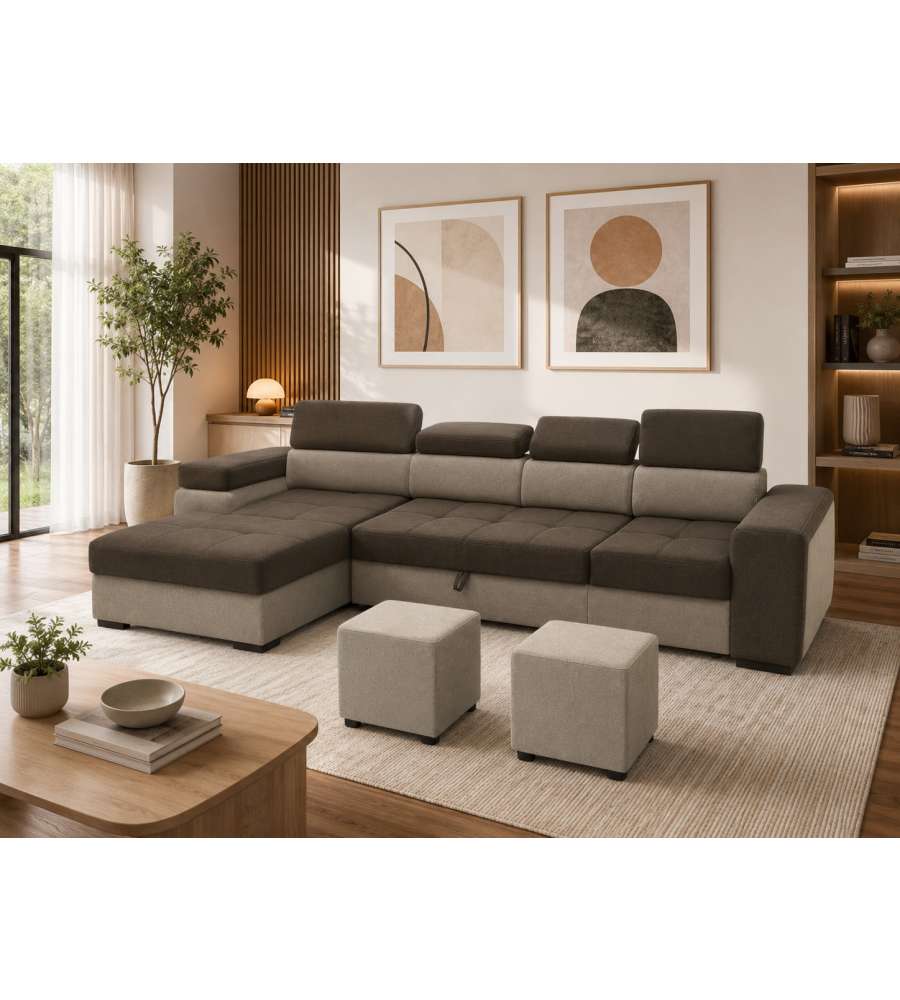 Divano Letto Angolare con Contenitore e 2 Pouf in Tessuto Marrone Beige - Antonello Domo Mea