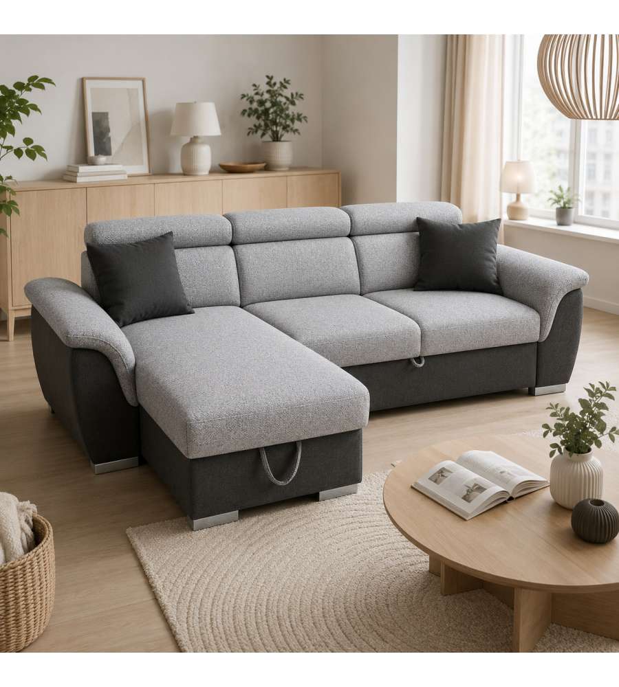 Domo Mea Divano Angolare Tony Grigio 3 Posti con Penisola Contenitore 226x175 cm