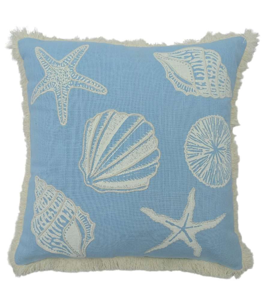 Domo Mea Cuscino Decorativo 45x45 cm Azzurro con Conchiglie e Frange