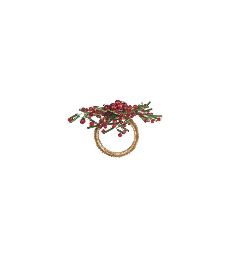 Portatovagliolo Agrifoglio Rosso Natalizio con Perline - D. 4,5 cm