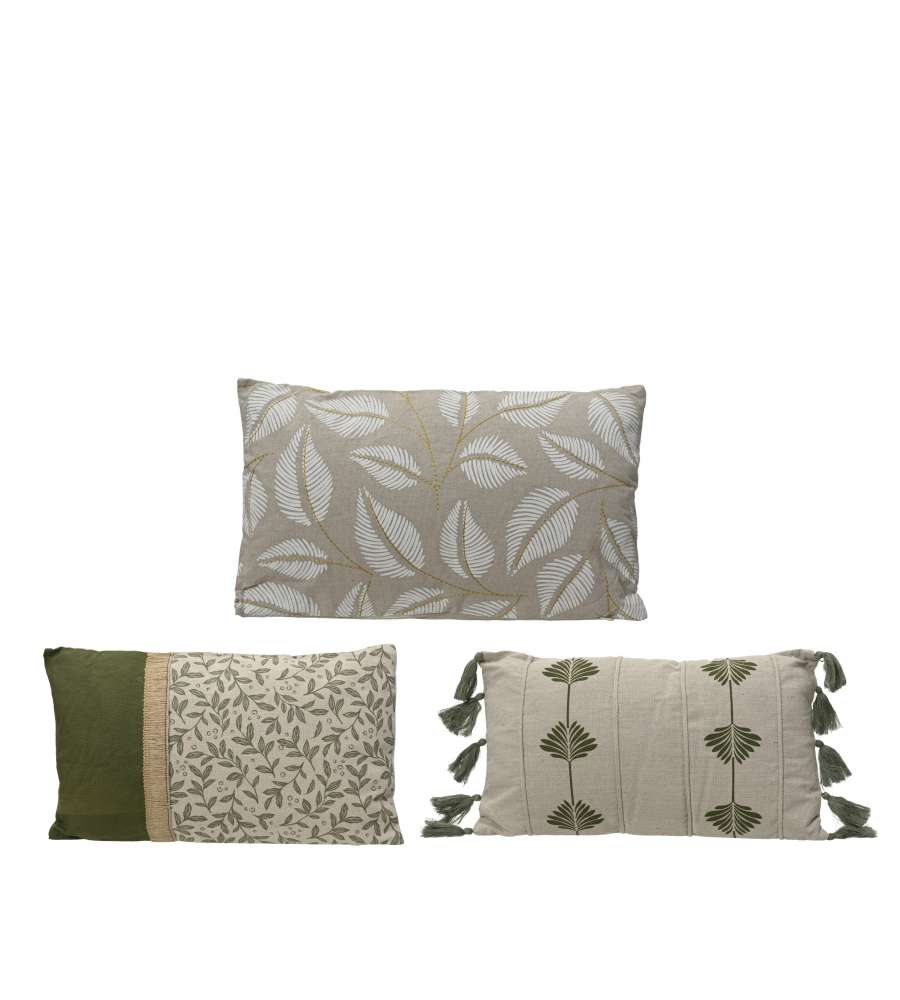 Cuscino in Poliestere e Cotone 30x50 cm Decoro Foglie Verde e Beige