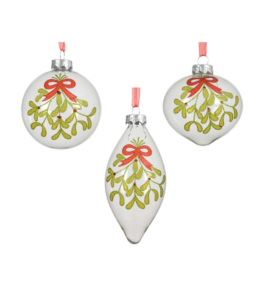 Decoris Sfera di Natale di Vetro Trasparente con Foglie e Glitter Rossi - 8 cm