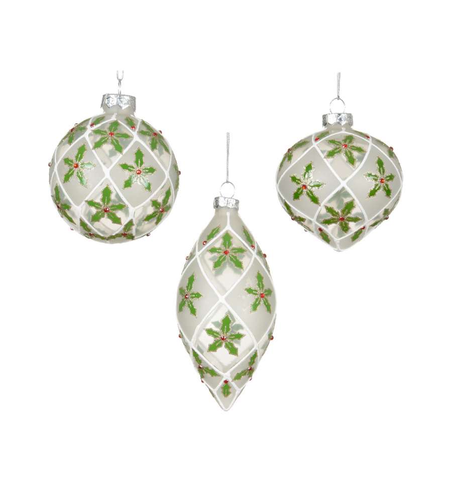 Decoris Sfera di Natale Vetro Trasparente con Decoro Agrifoglio - 8cm