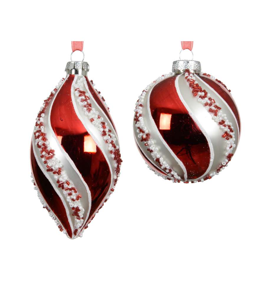 Decoris Sfera di Vetro Natalizia - Rosso e Argento con Perline - 8 cm