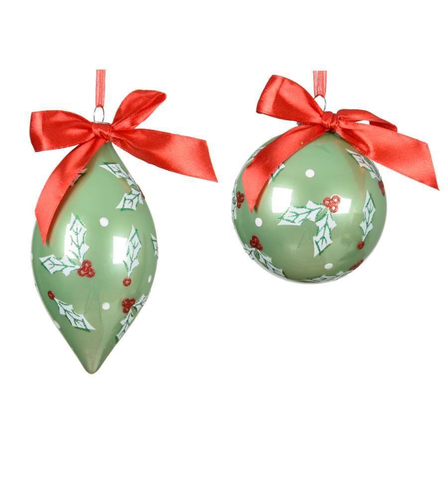 Decoris Palline di Natale in Vetro - con Bacche e Nastro Rosso - 8cm