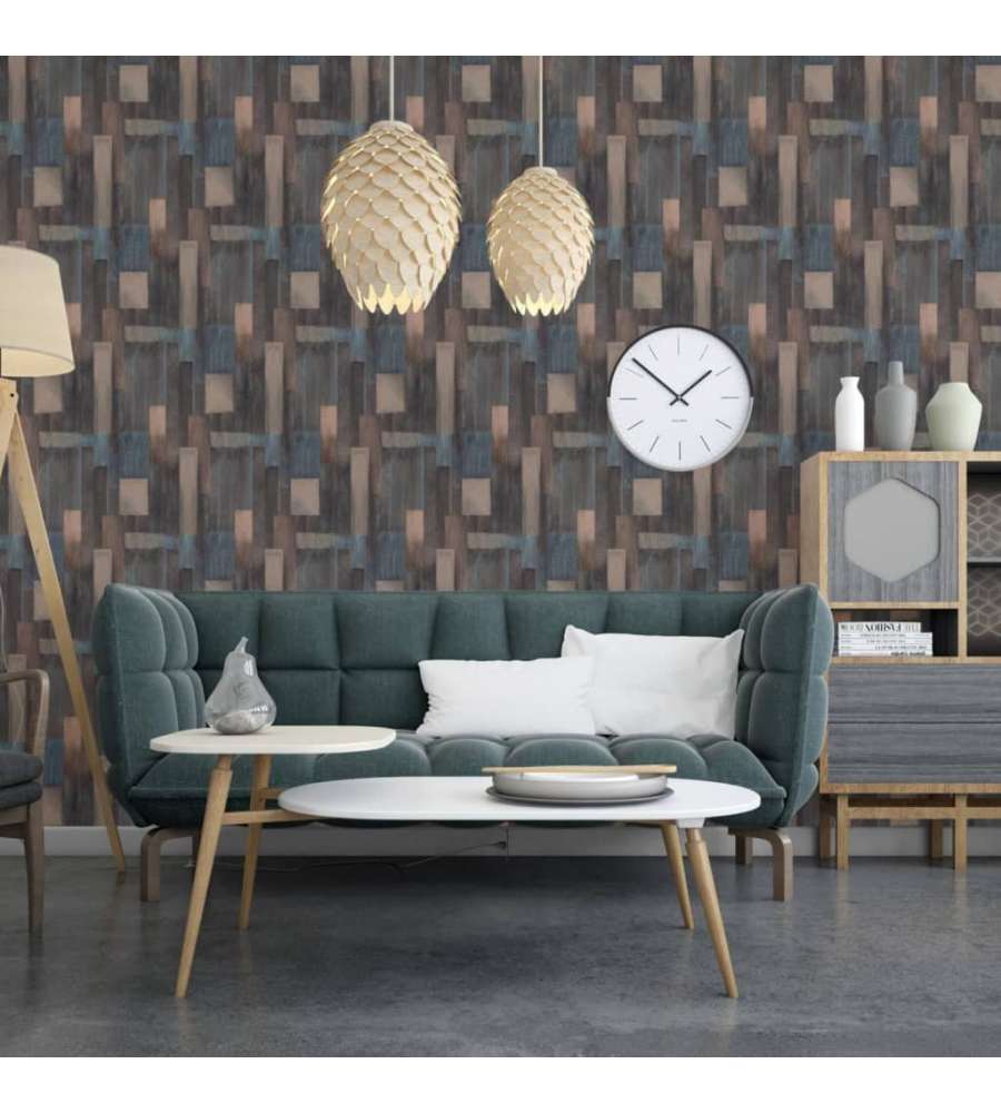 DUTCH WALLCOVERINGS Carta da Parati Wood in Blu e Marrone