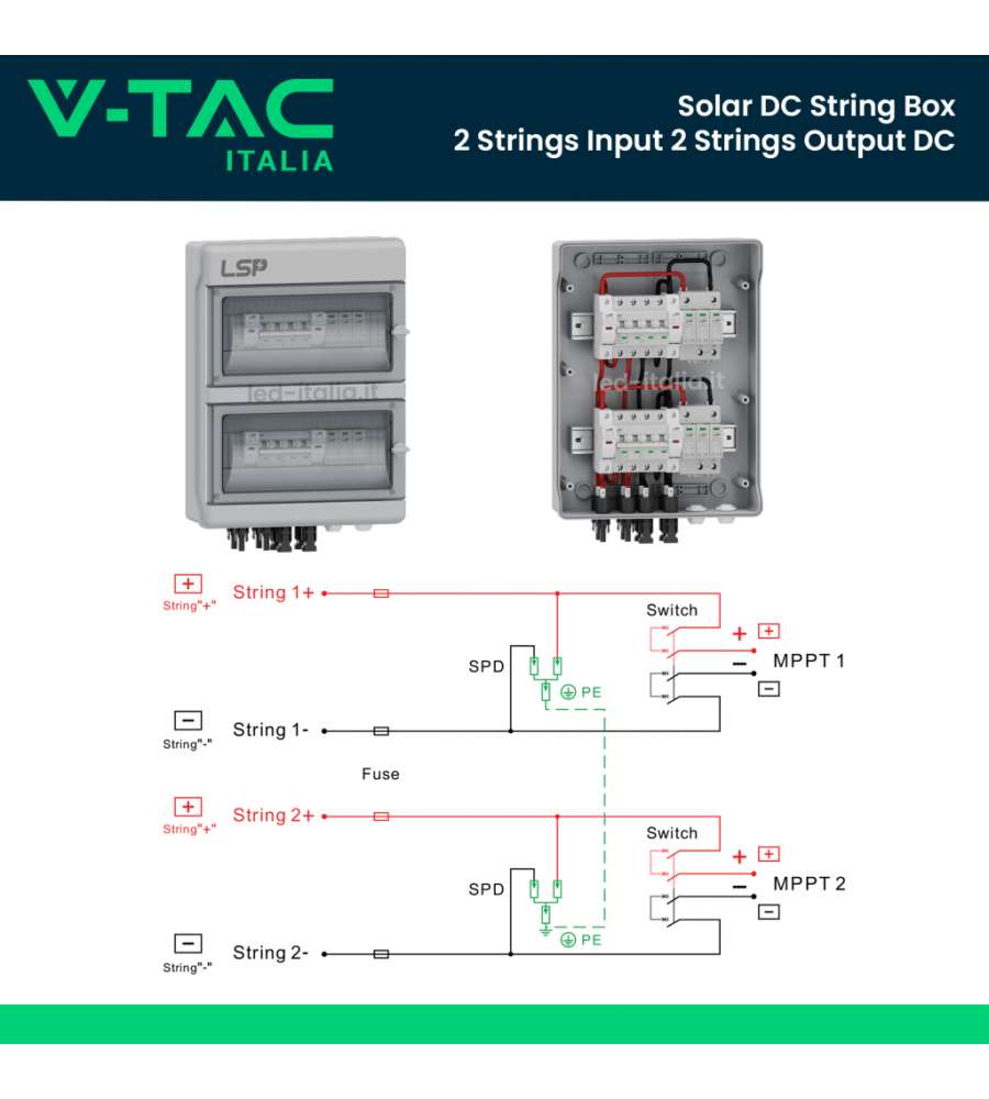 V-TAC Quadro di Campo DC 2 Stringhe 2 MPPT 1000VDC 16A con Centralino IP65 18 Moduli LSP