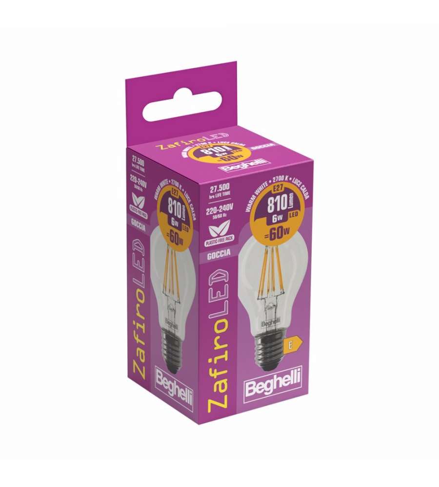 Beghelli Lampadina Led Zafiro Goccia E27 - 6W 810lm 2700K
