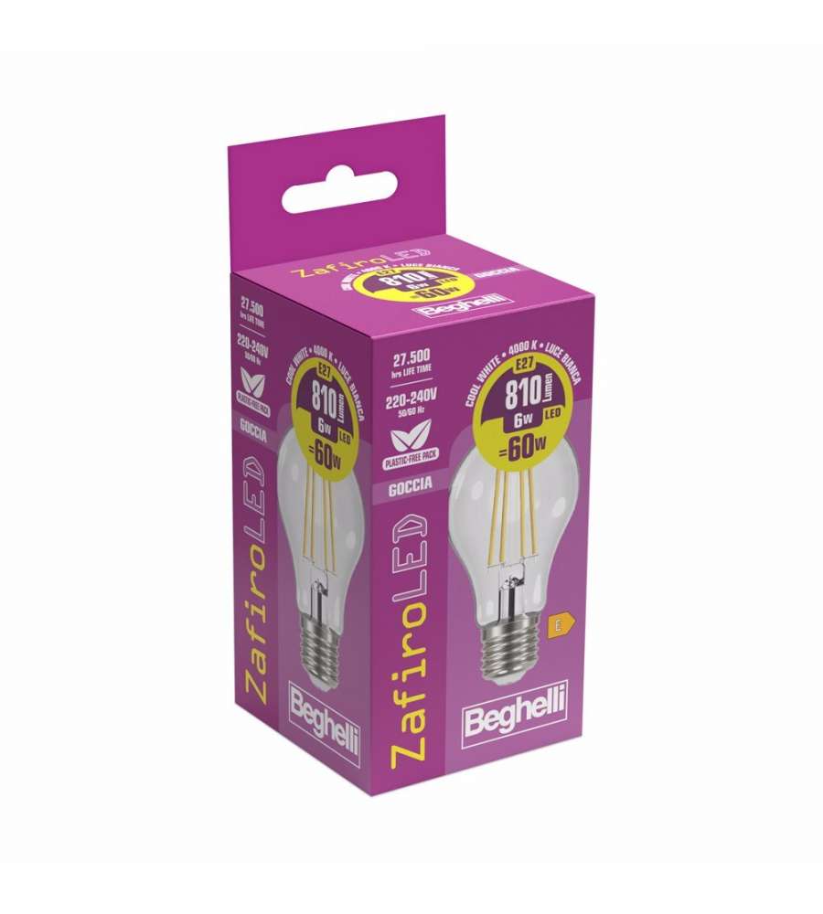 Beghelli Lampadina Led Zafiro Goccia E27 - 6W 810lm 4000K
