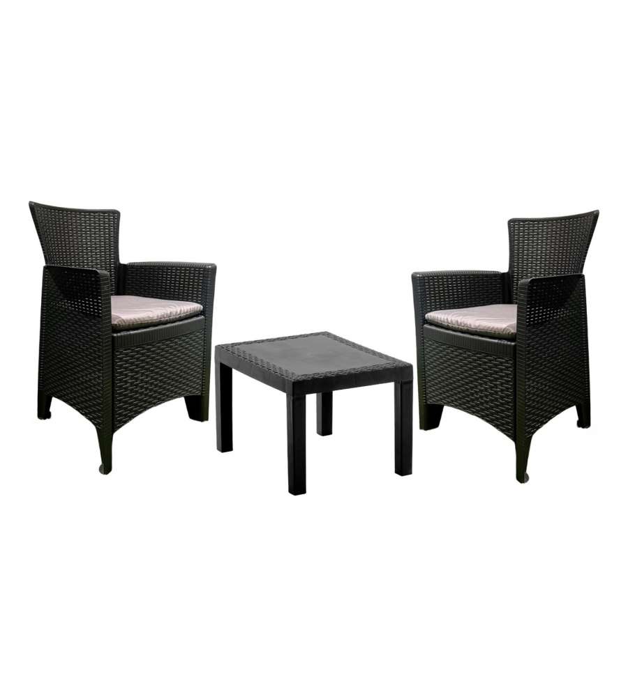 Set Forest Salotto Giardino Rattan Antracite - 1 Tavolino e 2 Poltrone