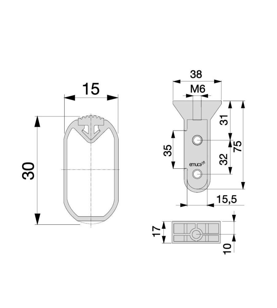 BASTONE APPENDIABITI CON GOMMA OVALE 30X15 MM L 1400 MM ALLUMINIO 7061262  EMUCA 2 SET