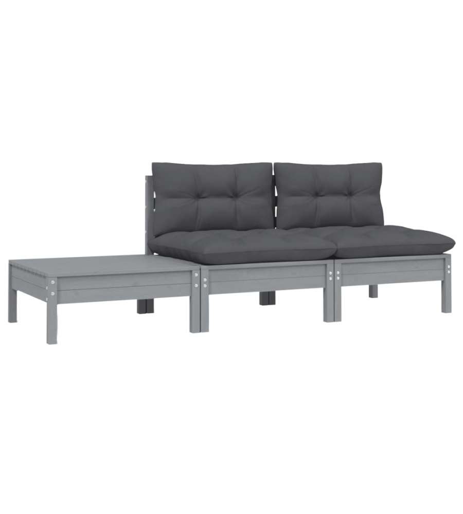 Set Divani da Giardino 3 pz Grigio Cuscini Massello di Pino