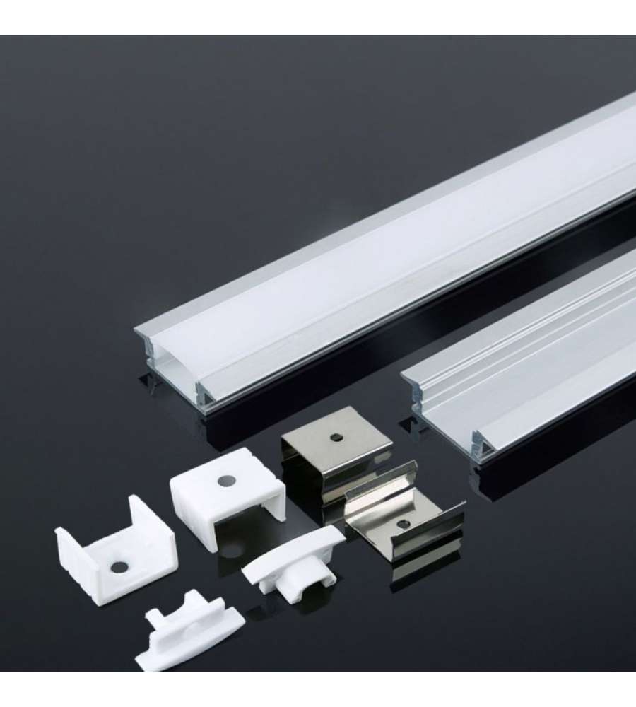 Profilo in Alluminio Colore Silver per Strip LED a Incasso (Max l: 12,4mm) Copertura Satinata 2000 x 24,7 x 7mm