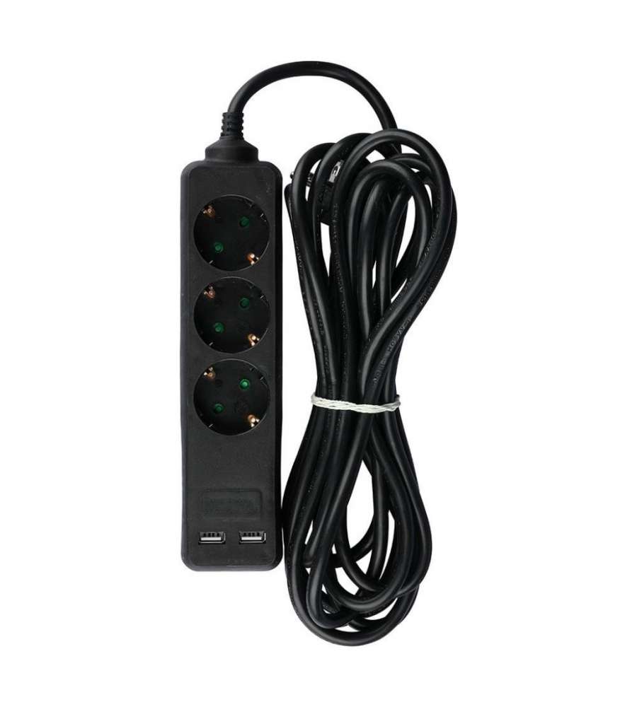 Multipresa con Cavo 5mt 3 Prese 10A 2P + Shuko 2 USB e Interruttore Luminoso Spina Shuko Colore Nero