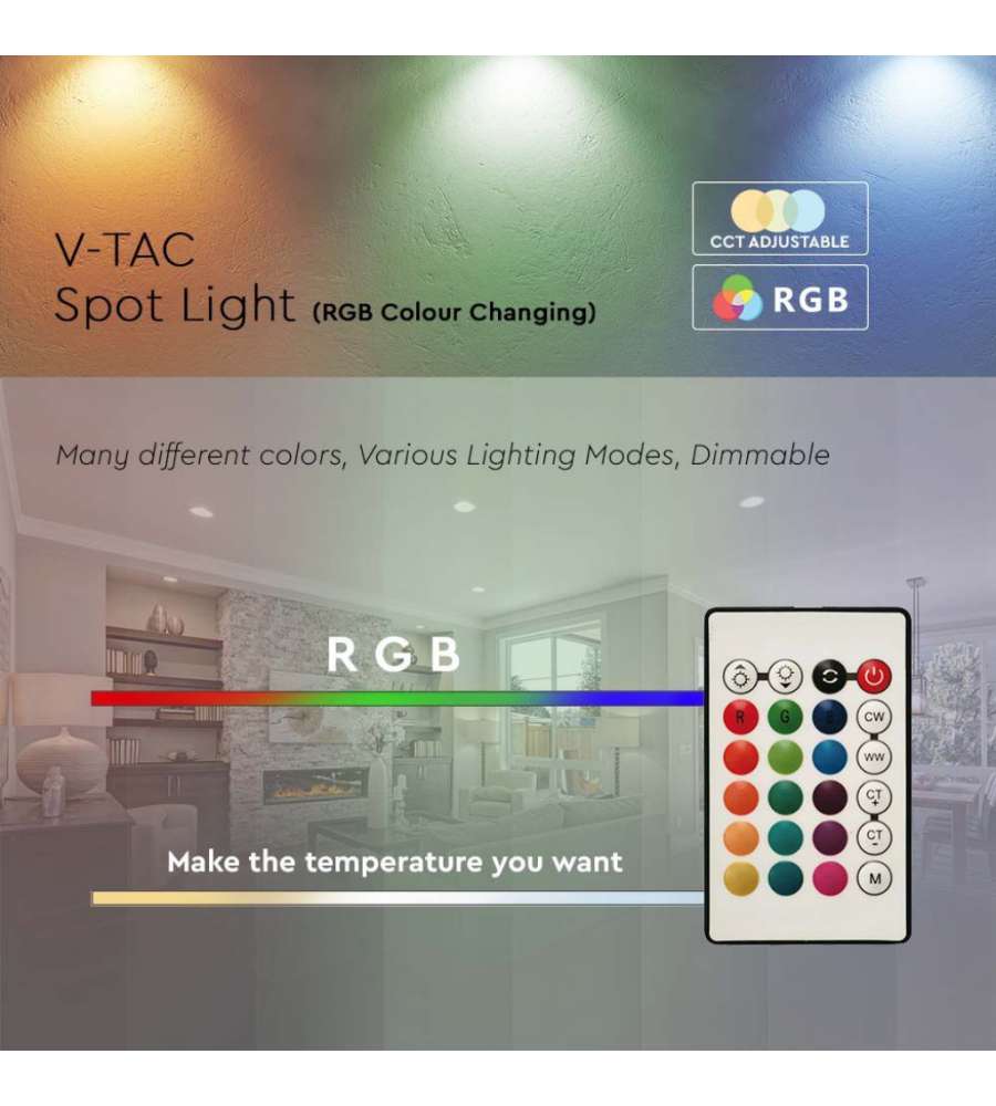 V-TAC Faretto LED GU10 5,5W Satinato RF Controller con Telecomando 24 Tasti RGB + 4000K Dimmerabile