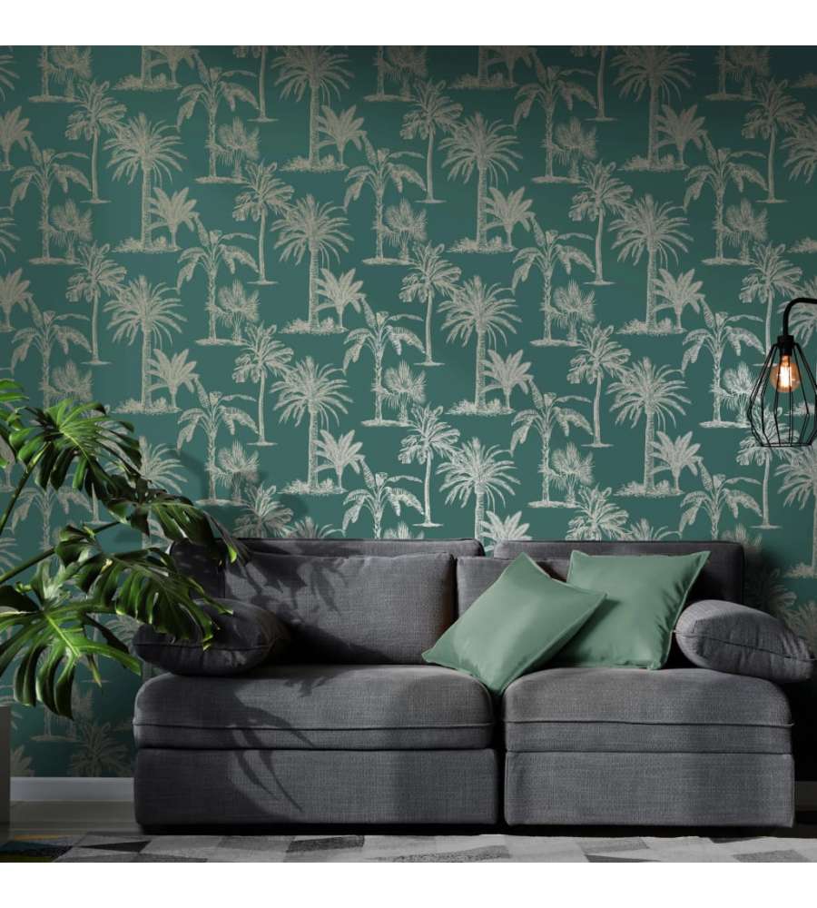 DUTCH WALLCOVERINGS Carta da Parati Alberi Tropicali Verde T Argento