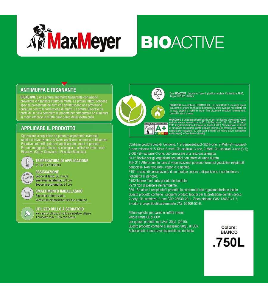 Max Meyer BioActive A+ Pittura antimuffa Bianco 0,75 l