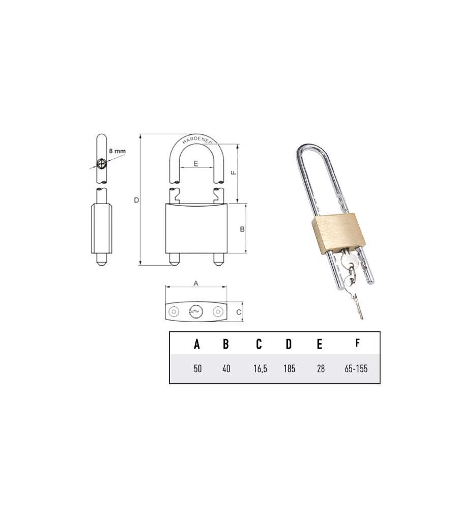 Lucchetto Ottone Mm 50 Arco Regolabile Potent