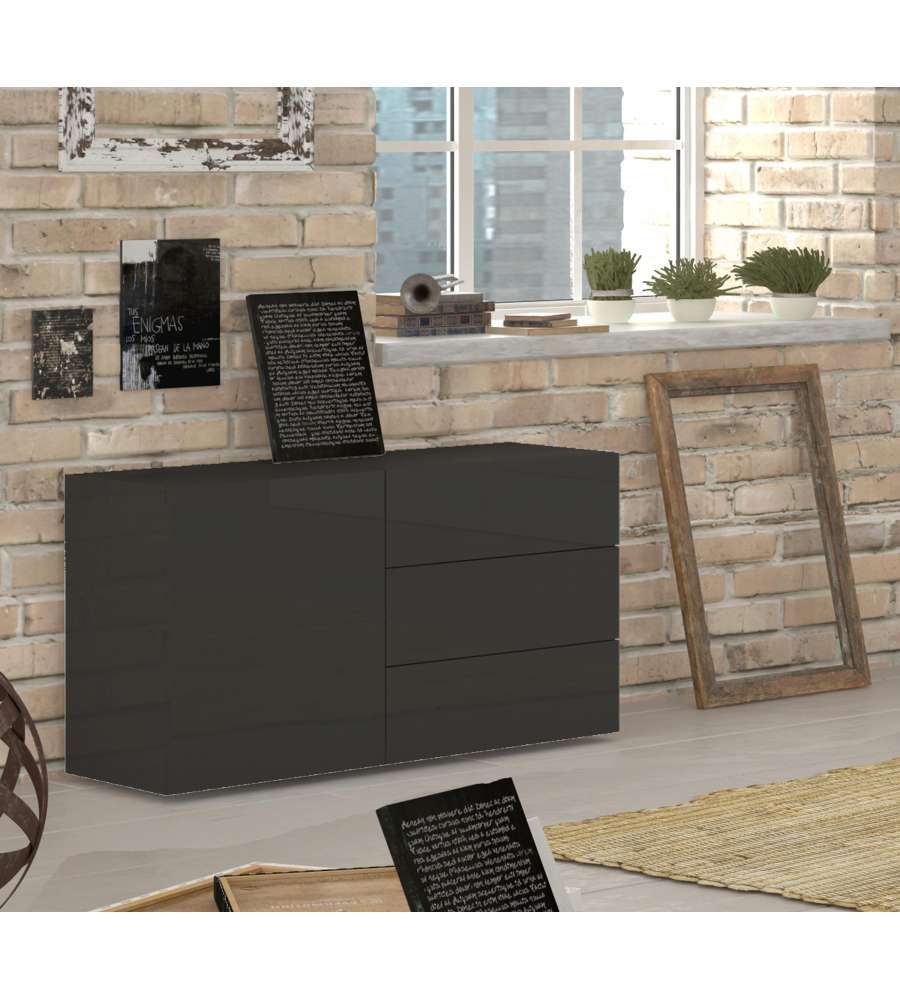 Credenza Moderna 1 Anta + 3 Cassetti Metis Antracite Laccato