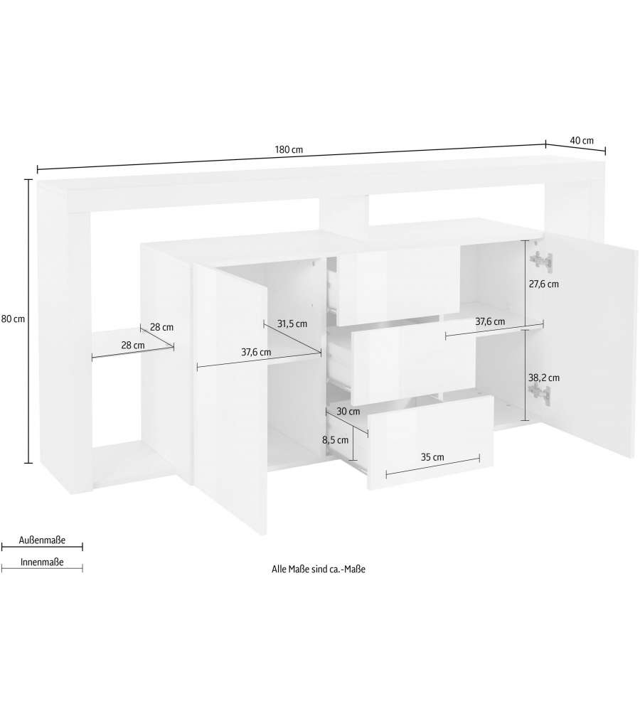 Credenza Essential Sideboard 2 Ante e 3 Cassetti 180 Bianco Laccato