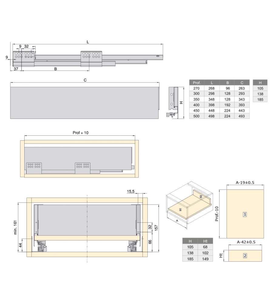 Emuca Kit cassetto per cucina Concept, altezza 138 mm, prof. 300 mm