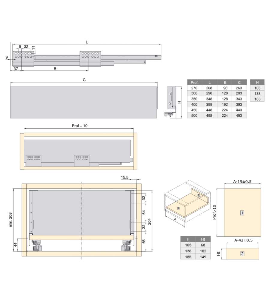 Emuca Kit cassetto per cucina Concept, altezza 185 mm, prof. 400 mm