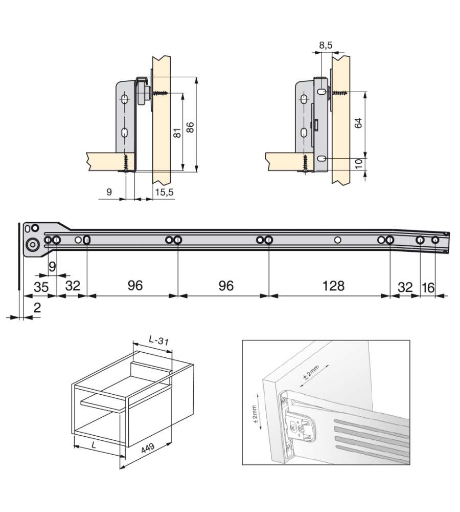 Emuca Kit cassetto per cucina Ultrabox, altezza 86 mm, prof. 450 mm