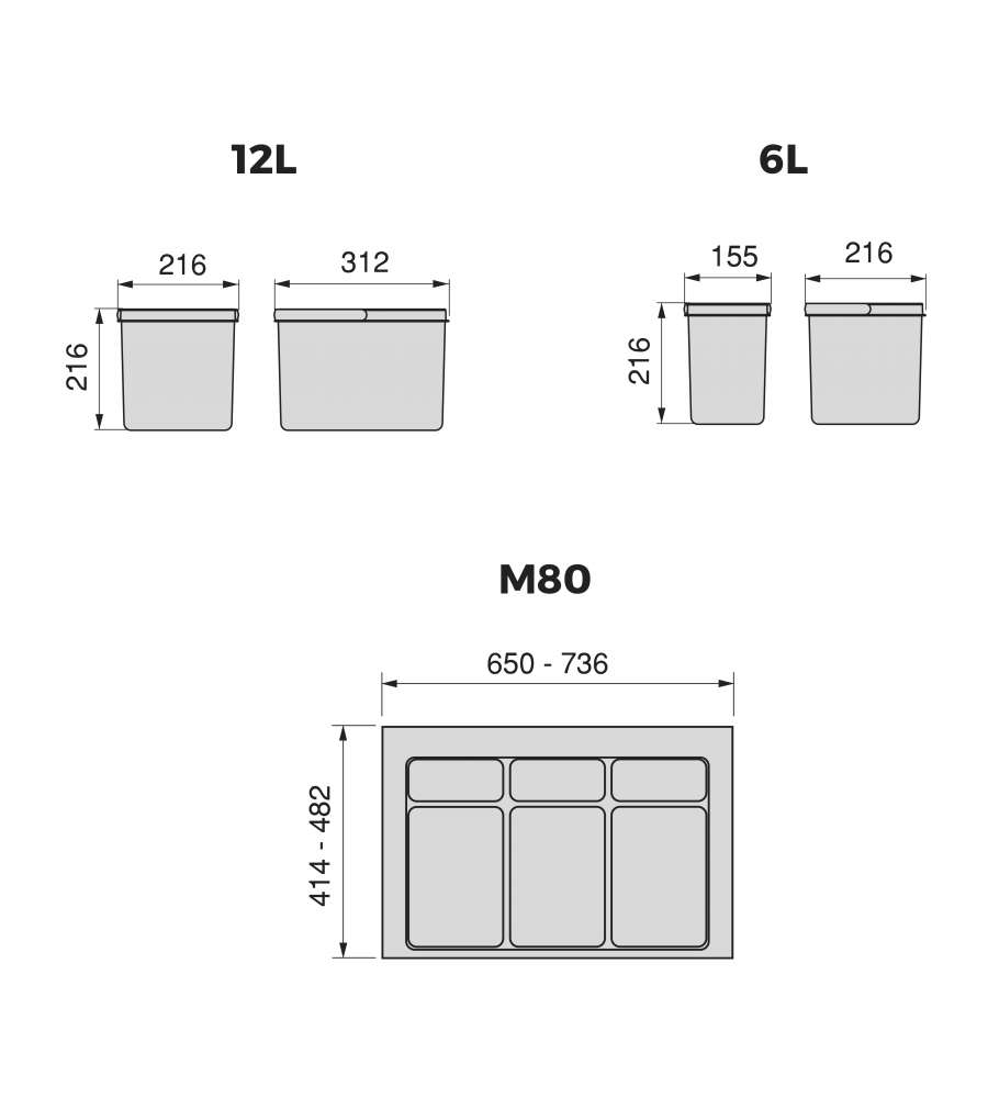 Emuca Contenitori per raccolta differenziata, 12 L+12 L+6 L+6 L, modulo 800 mm, Plastica, Grigio antracite.+ Base