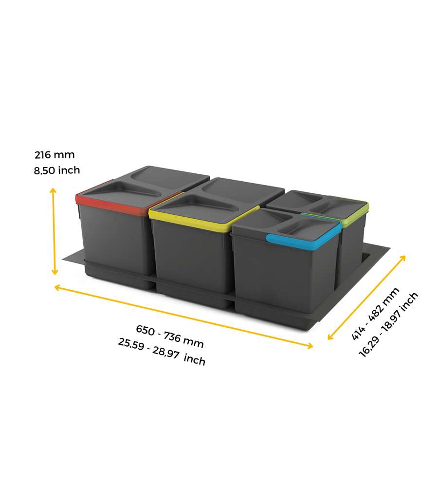 Emuca Contenitori per raccolta differenziata, 12 L+12 L+6 L+6 L, modulo 800 mm, Plastica, Grigio antracite.+ Base