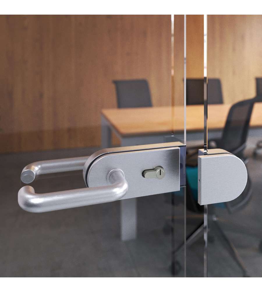 Emuca  Kit serratura e riscontro per porte a doppio vetro, scrocco orizzontale per porta in vetro 8-12mm, acciaio e alluminio, anodizzato opaco 1 KIT