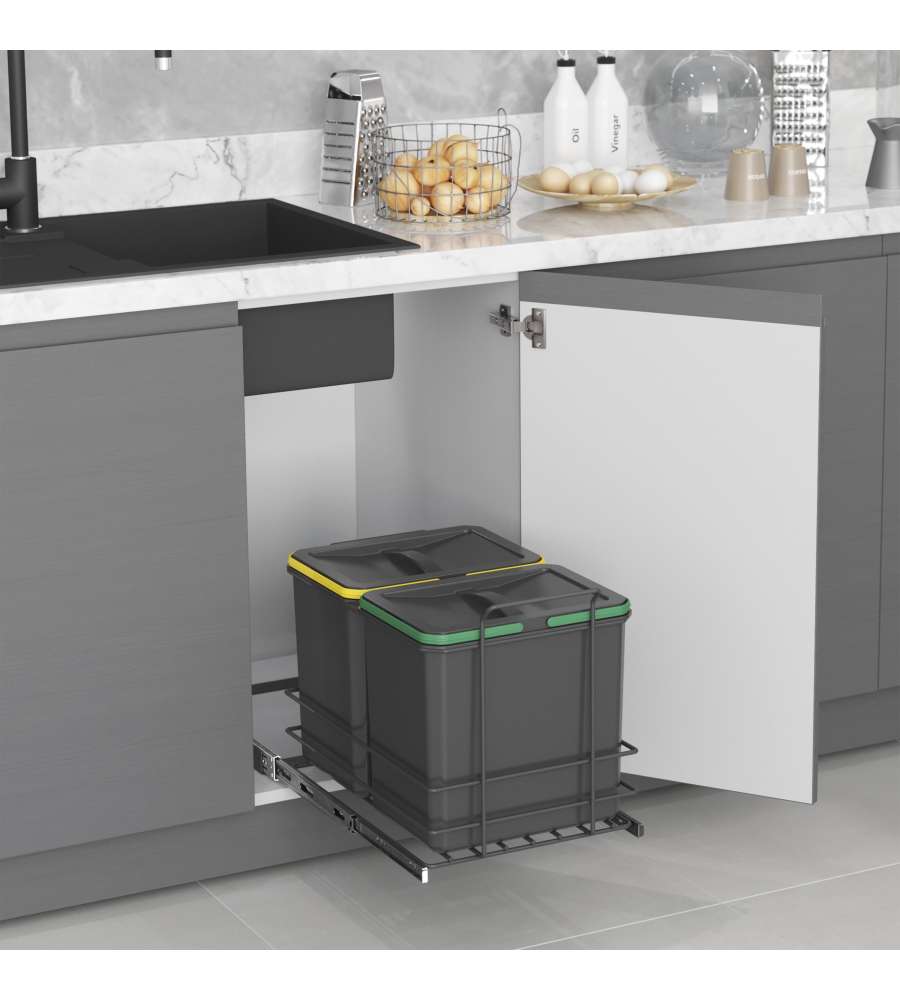 Emuca Pattumiera per differenziata Recycle da cucina, 2 x 16 L, fissaggio sul fondo ed estrazione manuale, Tecnoplastica grigio antracite 1 UN