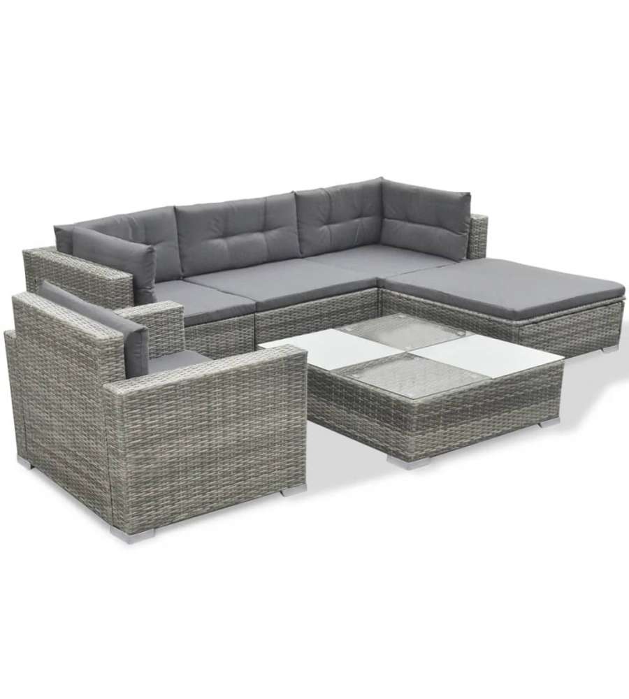 Set Divani da Giardino 6 pz con Cuscini in Polyrattan Grigio