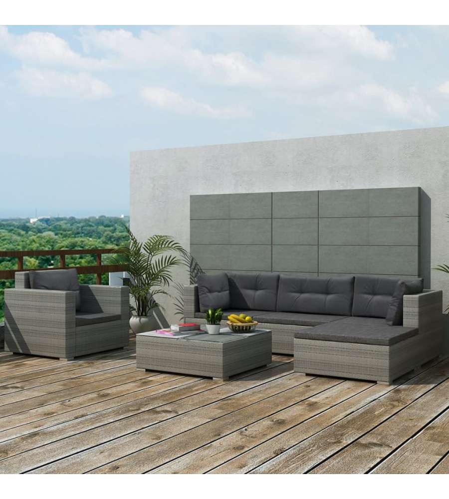 Set Divani da Giardino 6 pz con Cuscini in Polyrattan Grigio