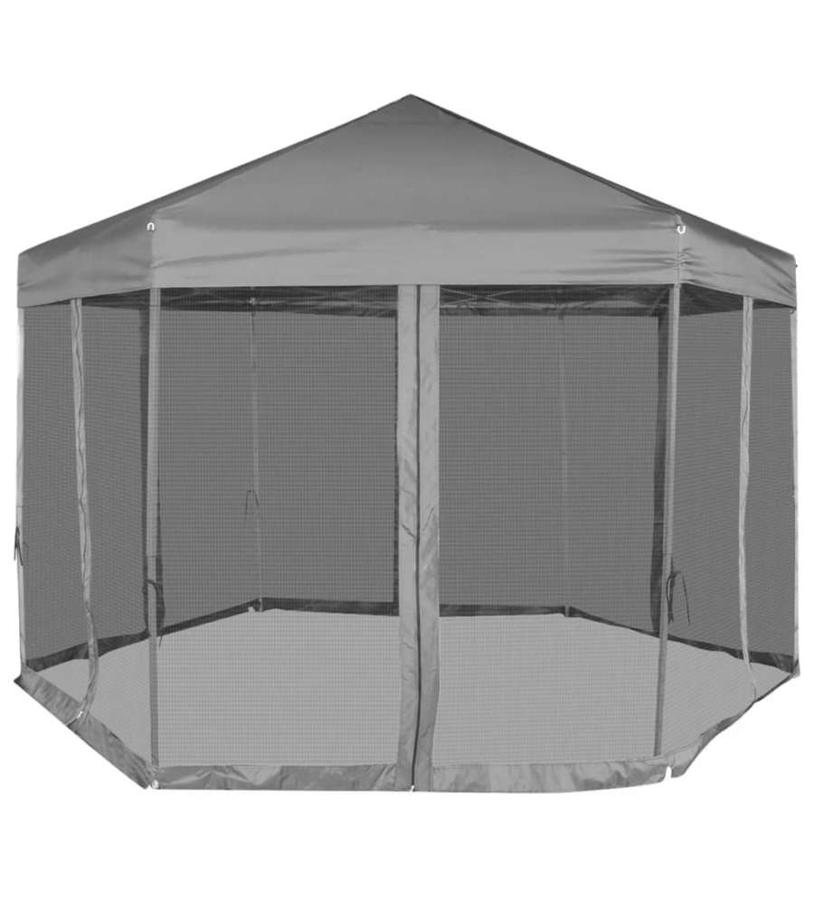 Gazebo Esagonale Pop-Up con 6 Pareti Grigio 3,6x3,1 m