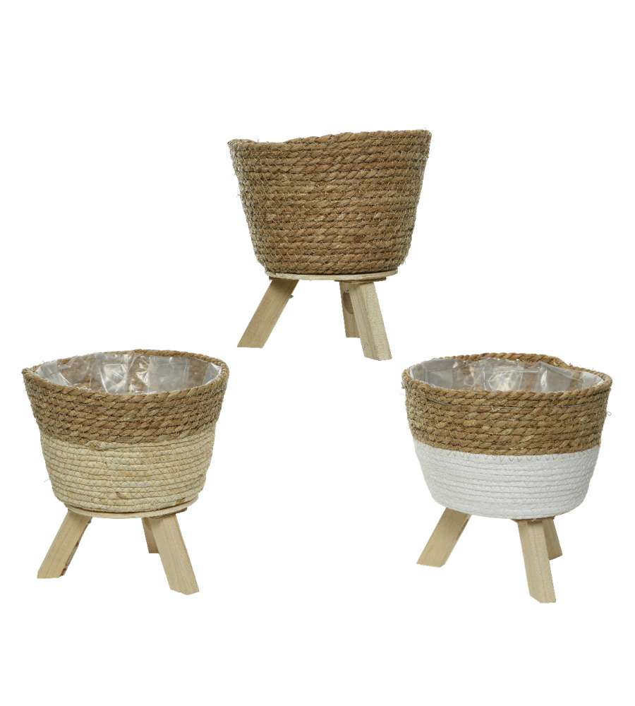 Porta vaso a cesta con gambe in legno