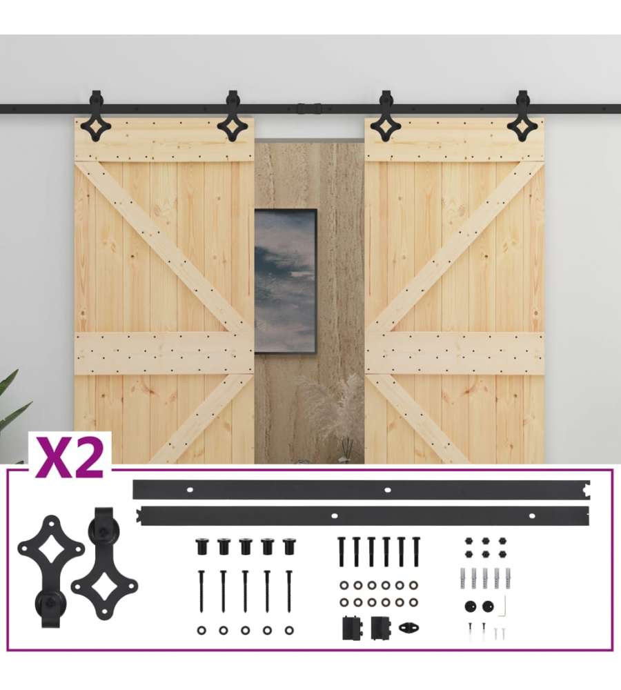 Porta Scorrevole con Set Hardware 90x210 cm in Legno di Pino