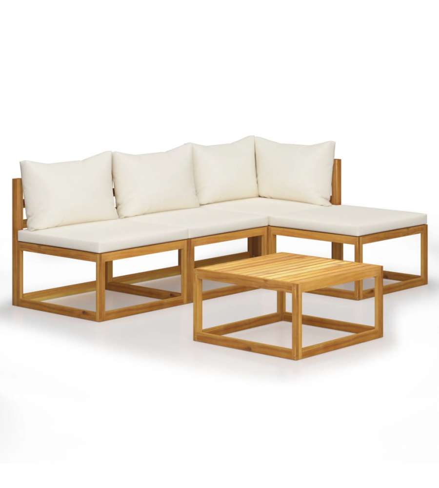 Set Divani da Giardino 5 pz con Cuscini Crema in Legno Acacia